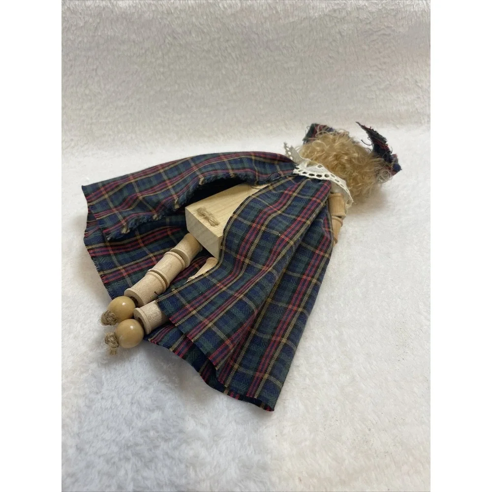 Vintage Wooden Peg Doll Folk Art‎ Plaid Dress Decorative Handmade Figure
